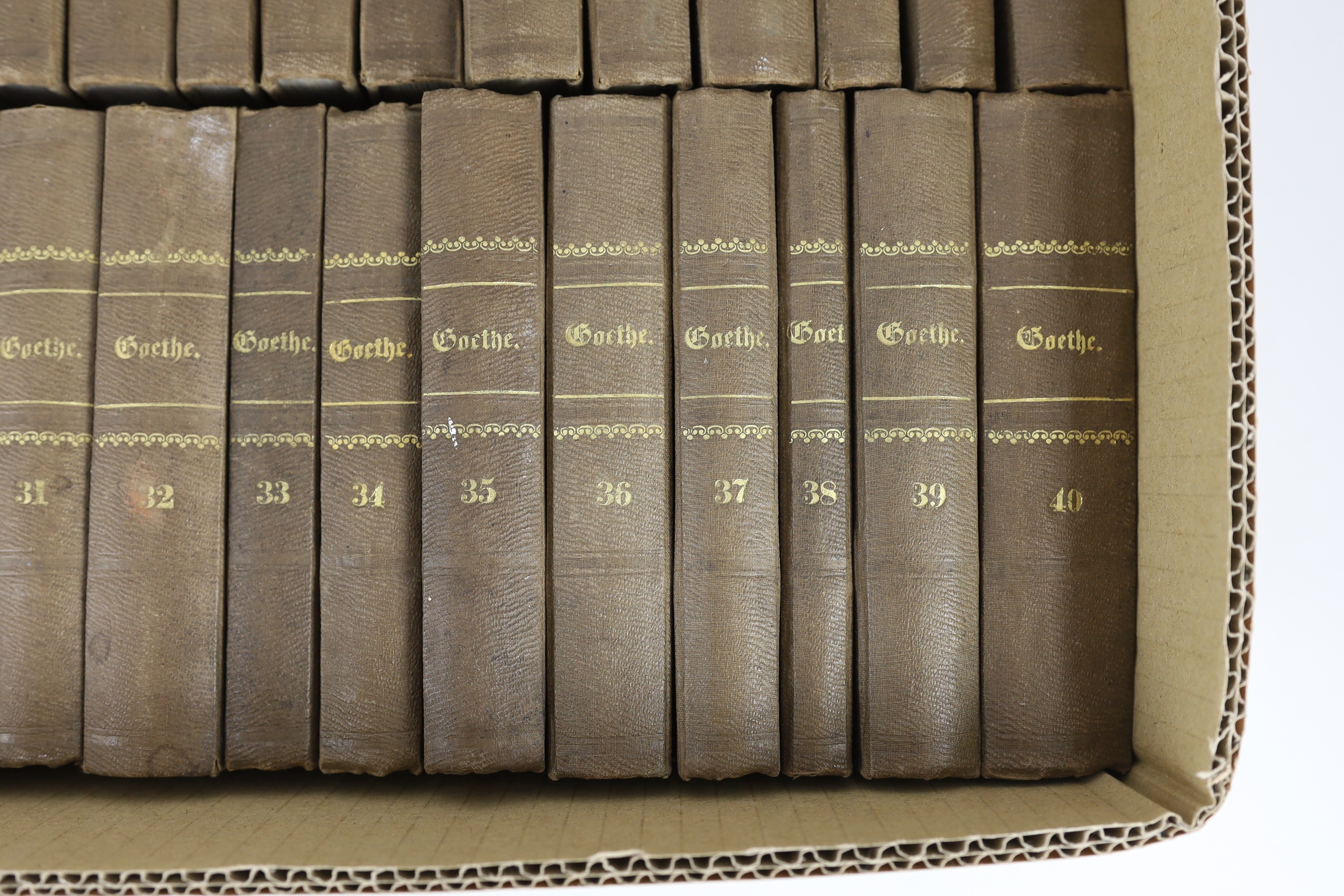 Goethe, Johanna Wolfgang - The Works in German, 35 vols (of 40), 12mo, half cloth, gilt embossed spines, Cotta’scher Verlag, Stuttgart and Augsburg, 1855